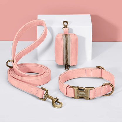 Personalized Vintage PU Leather Dog Collar & Leash Set with Poop Bag