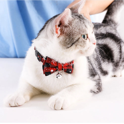 Christmas Breakaway Cat Collar with Bow Tie and Bell Adjustable Plaid