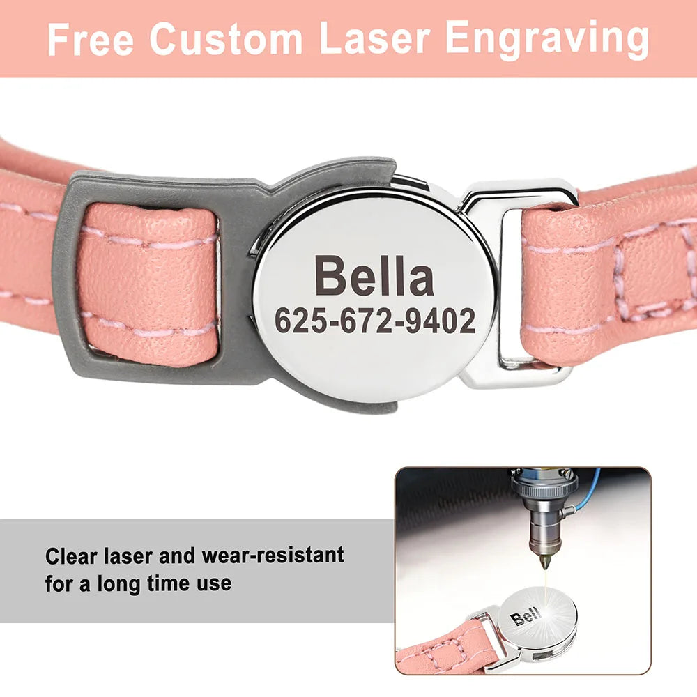 personalized pu leather cat collar with quick-release buckle, engraved