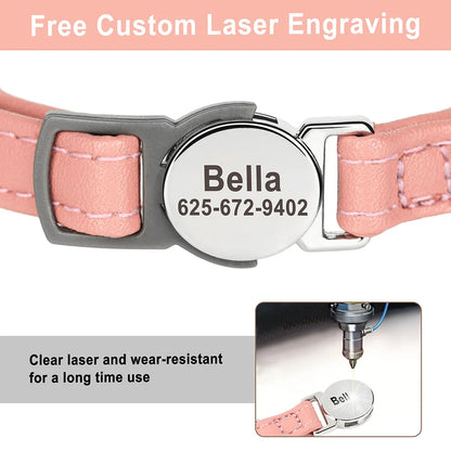 Personalized PU Leather Cat Collar with Quick-Release Buckle, Engraved