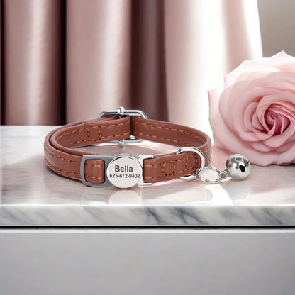Personalized PU Leather Cat Collar with Quick-Release Buckle, Engraved