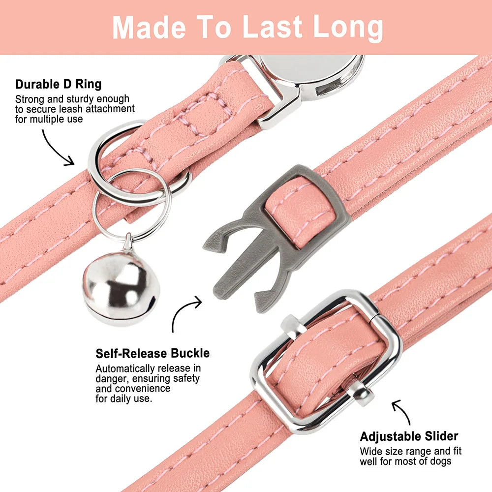personalized pu leather cat collar with quick-release buckle, engraved