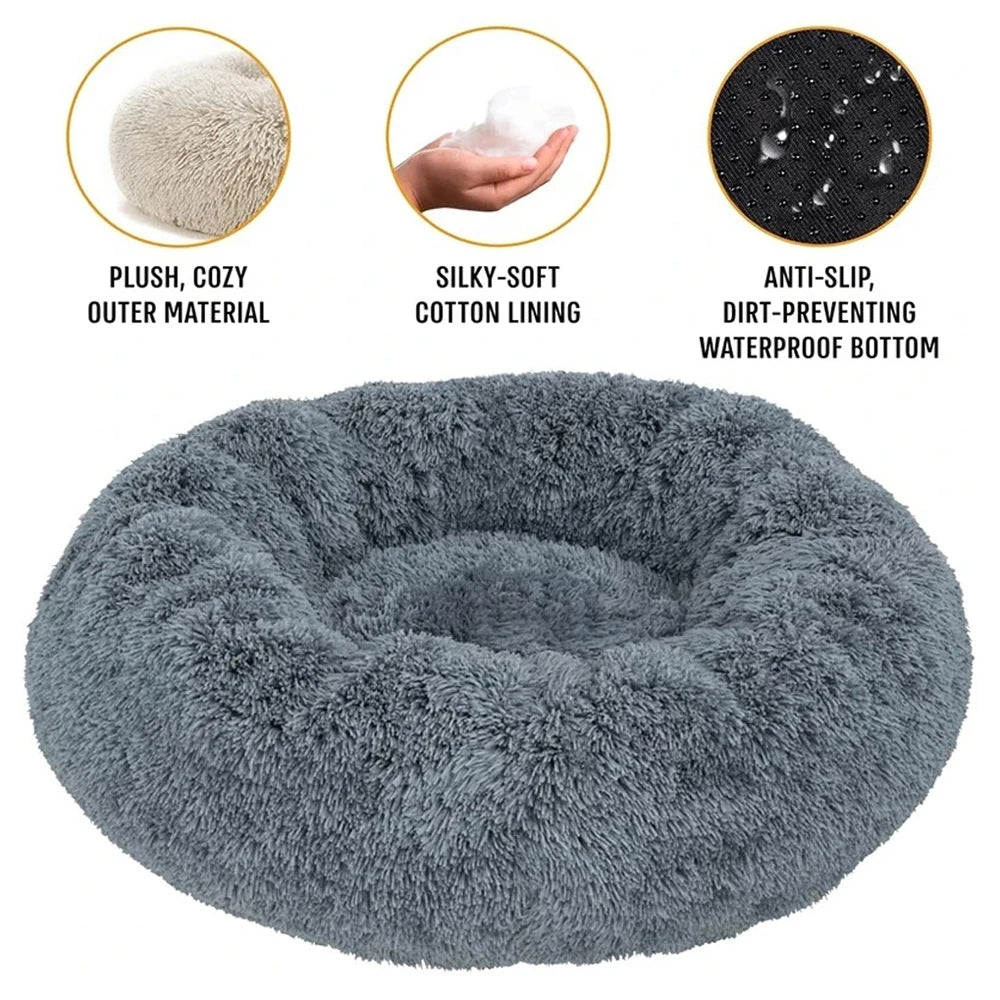 round plush dog bed, warm non-slip washable bed for dogs & small cats
