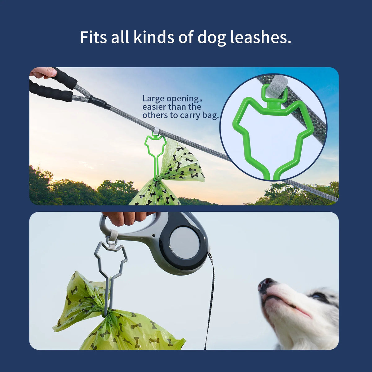 hands-free dog poop bag dispenser with adjustable leash clip holder