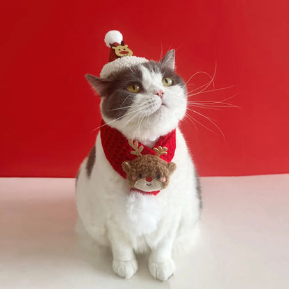 Soft Red Christmas Cat Hat and Scarf with Adjustable Chin Strap