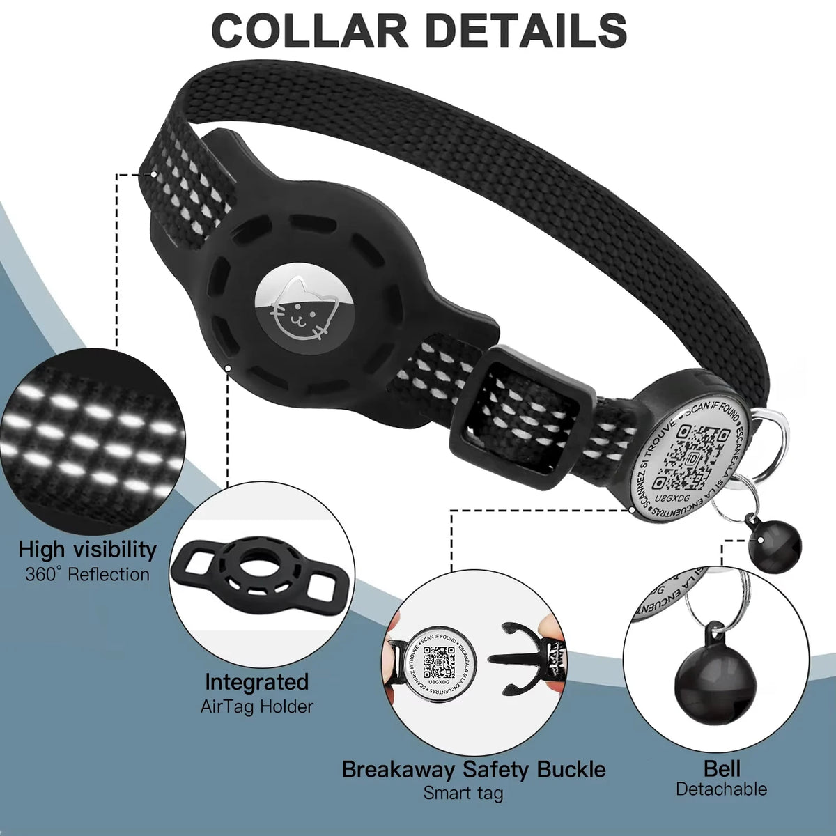 breakaway reflective cat collar with qr code tag and airtag holder