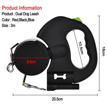 Retractable Double Dog Leash 3M Reflective No-Tangle with LED Lights