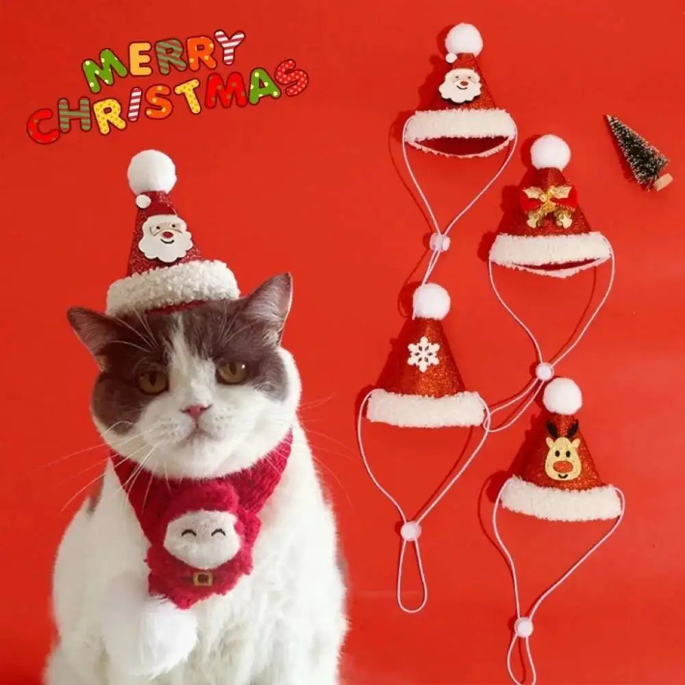 soft red christmas cat hat and scarf with adjustable chin strap