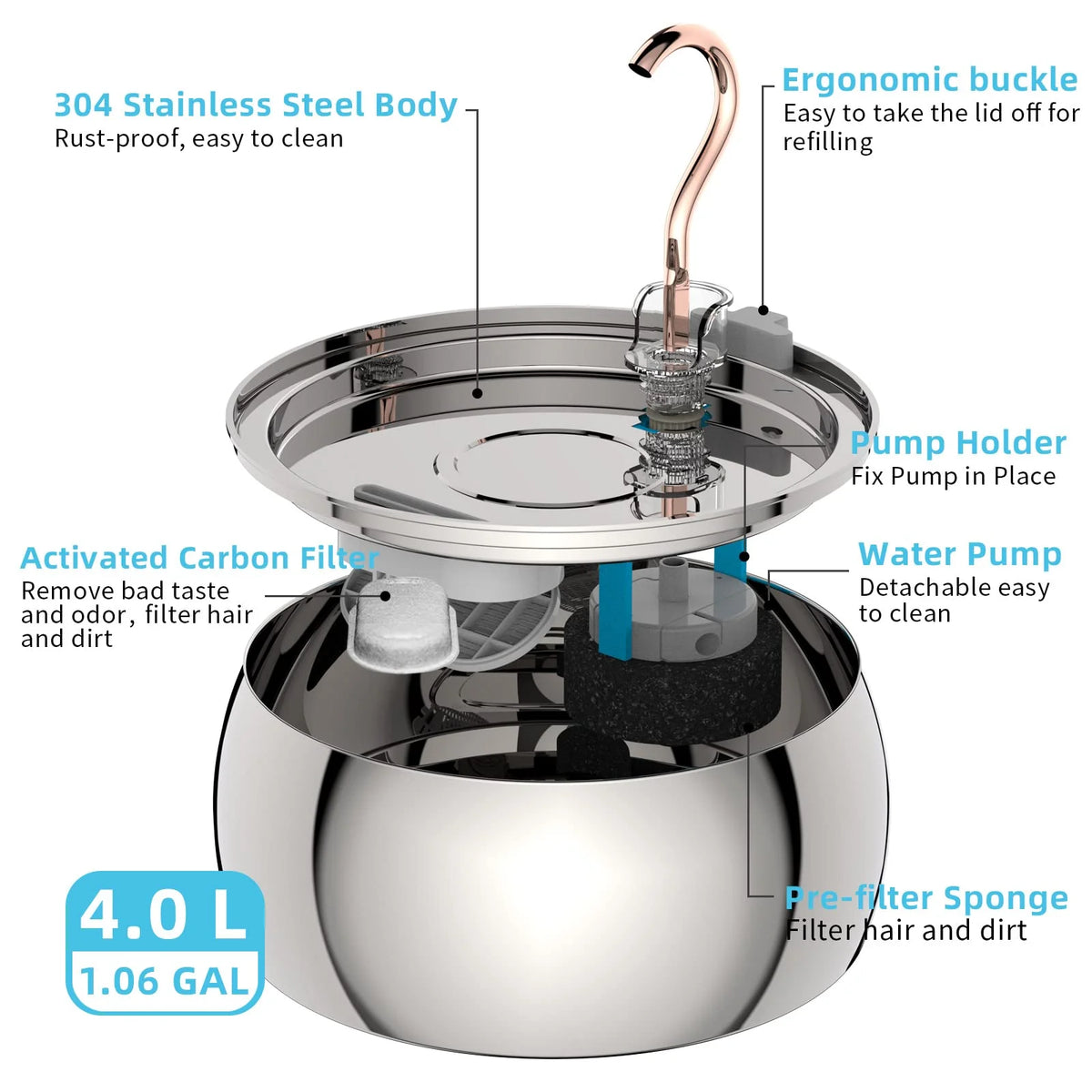4l stainless steel automatic pet water fountain quiet filter for cats