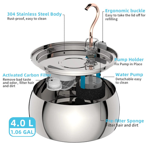 4L Stainless Steel Automatic Pet Water Fountain Quiet Filter for Cats