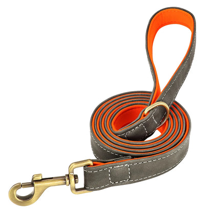 Padded Leather Dog Collar and Leash Set with Custom Nameplate Tag