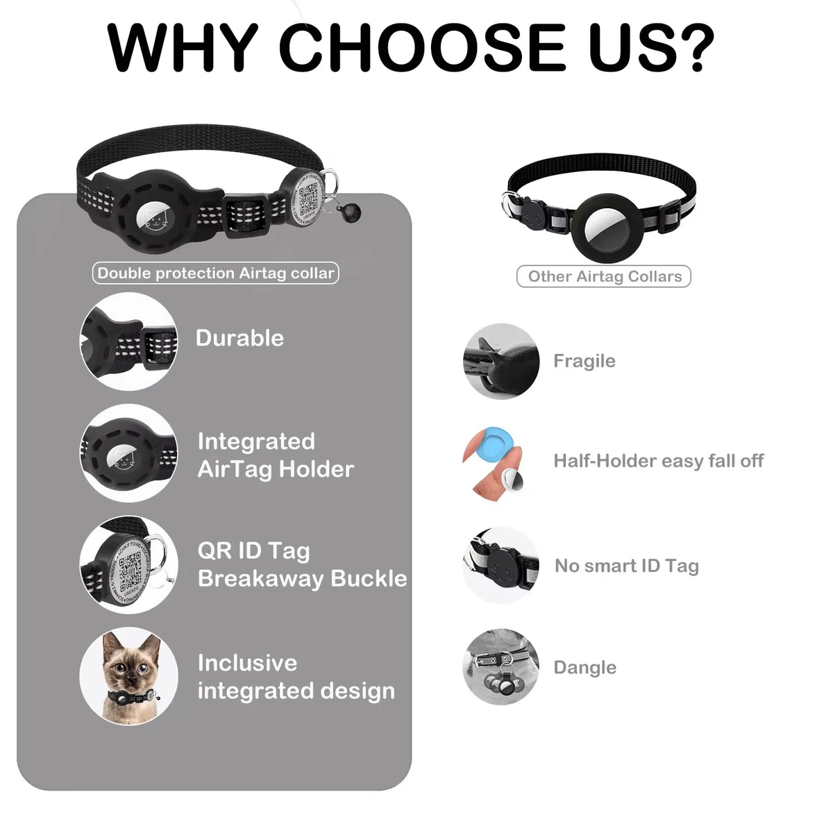 breakaway reflective cat collar with qr code tag and airtag holder