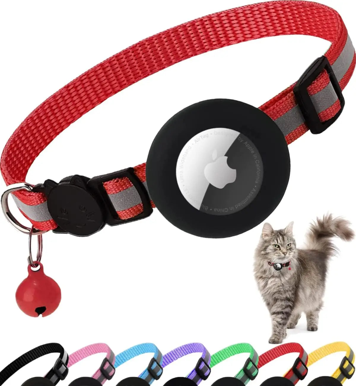 reflective cat collar with bell - breakaway airtag holder for cats
