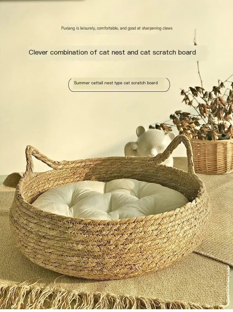 four seasons woven cat bed – breathable rattan cat nest