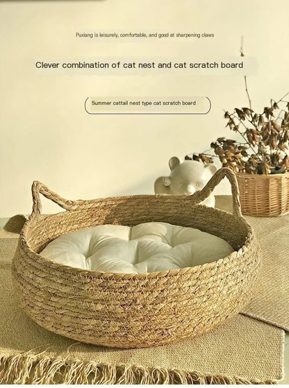 Four Seasons Woven Cat Bed – Breathable Rattan Cat Nest