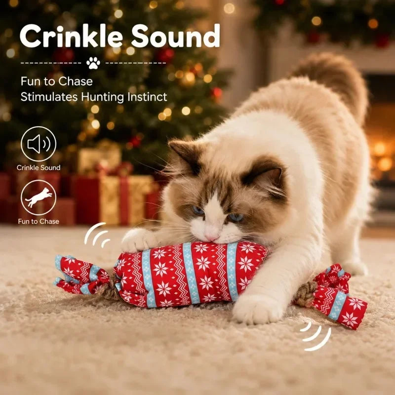 christmas candy cat toy with crinkle paper plush chew toy for kittens