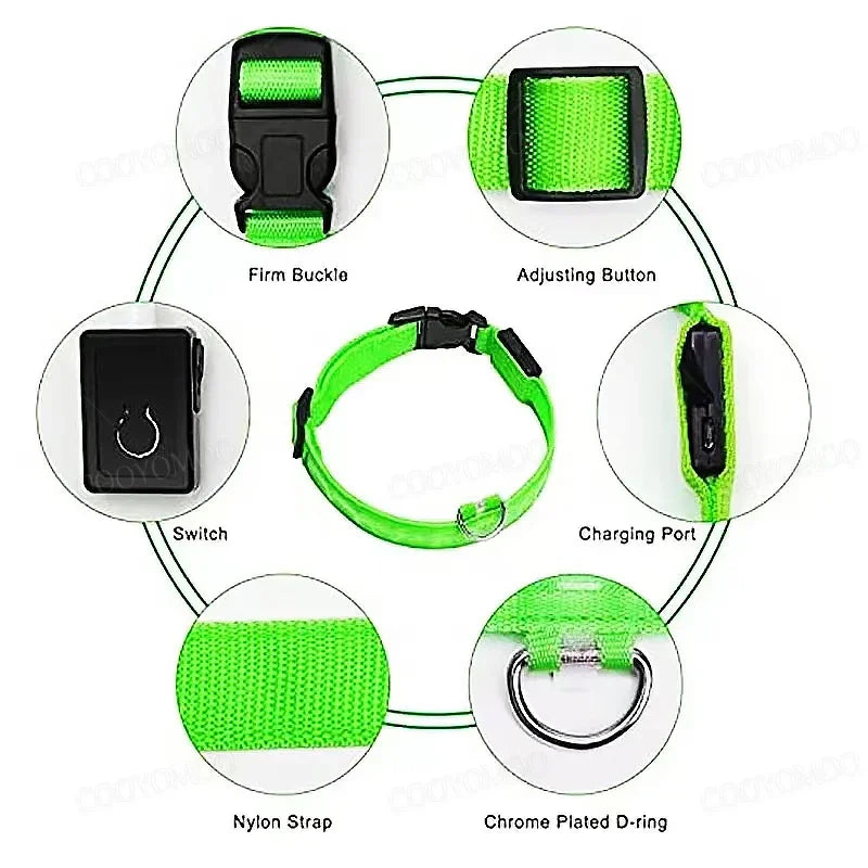 3 modes rechargeable led dog collar - adjustable night safety glow collar