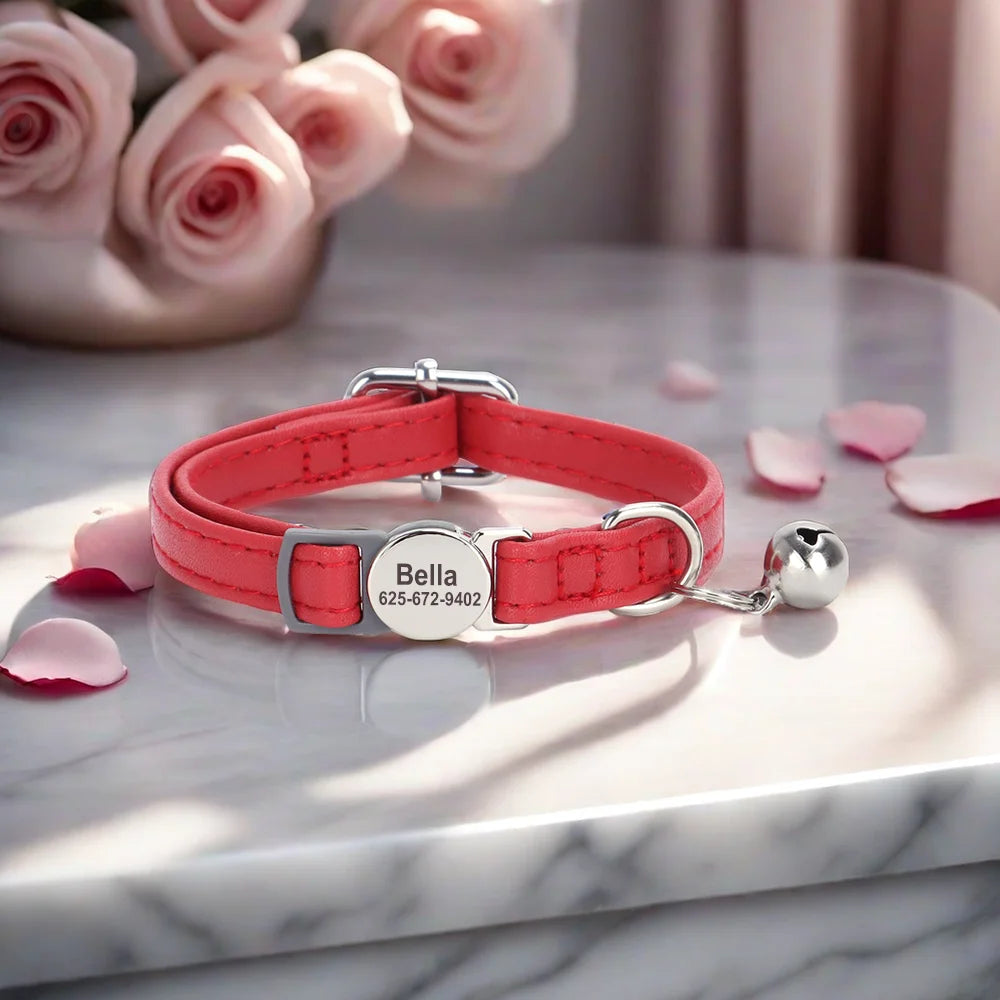 personalized pu leather cat collar with quick-release buckle, engraved
