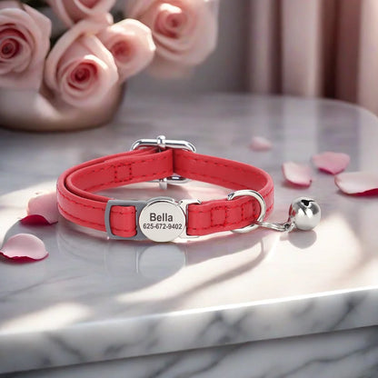 Personalized PU Leather Cat Collar with Quick-Release Buckle, Engraved