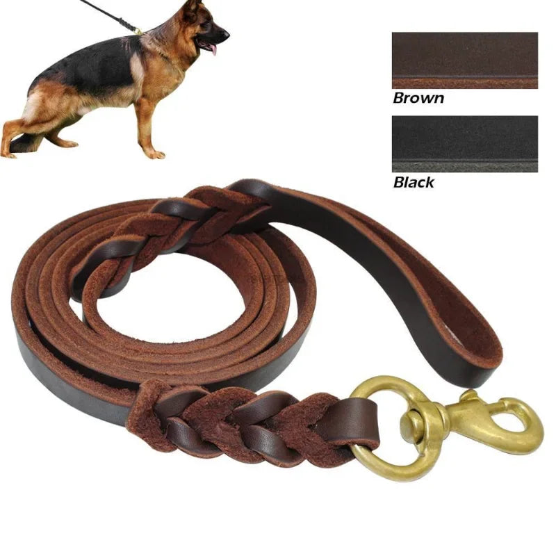 genuine leather braided dog leash for medium and large dog breeds