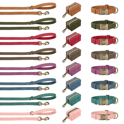Personalized Vintage PU Leather Dog Collar & Leash Set with Poop Bag
