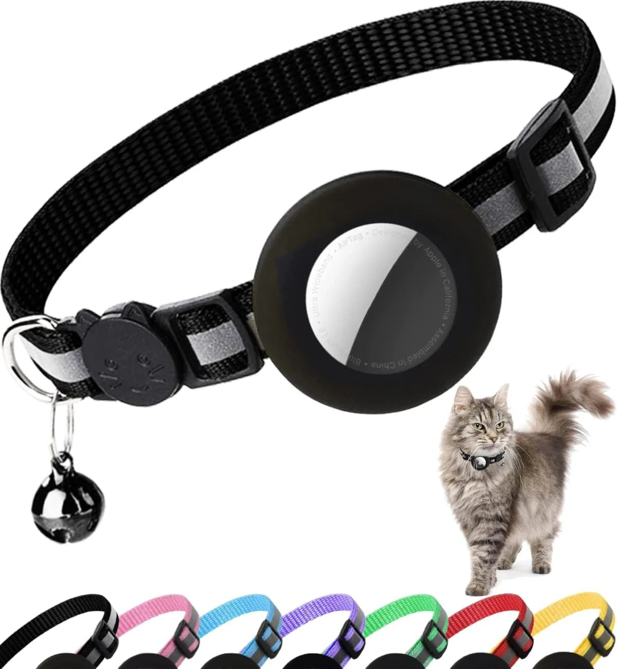 reflective cat collar with bell - breakaway airtag holder for cats