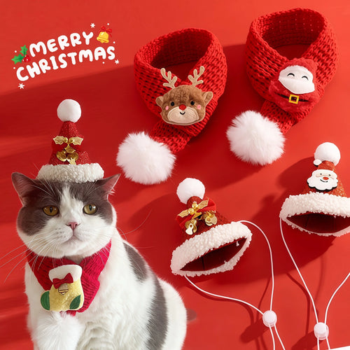 Soft Red Christmas Cat Hat and Scarf with Adjustable Chin Strap
