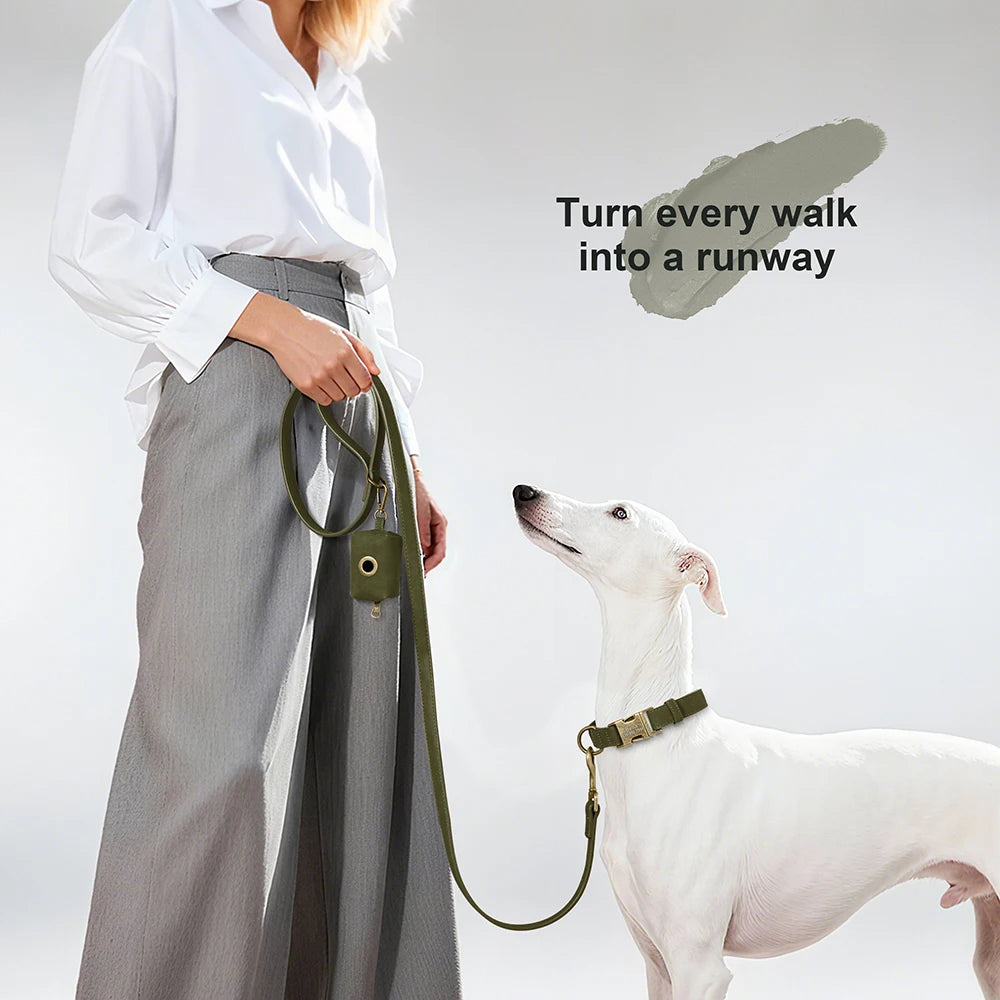 personalized vintage pu leather dog collar & leash set with poop bag