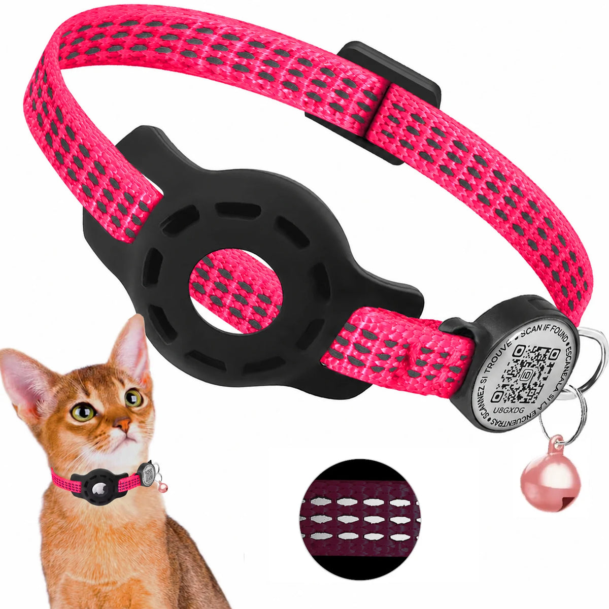 breakaway reflective cat collar with qr code tag and airtag holder