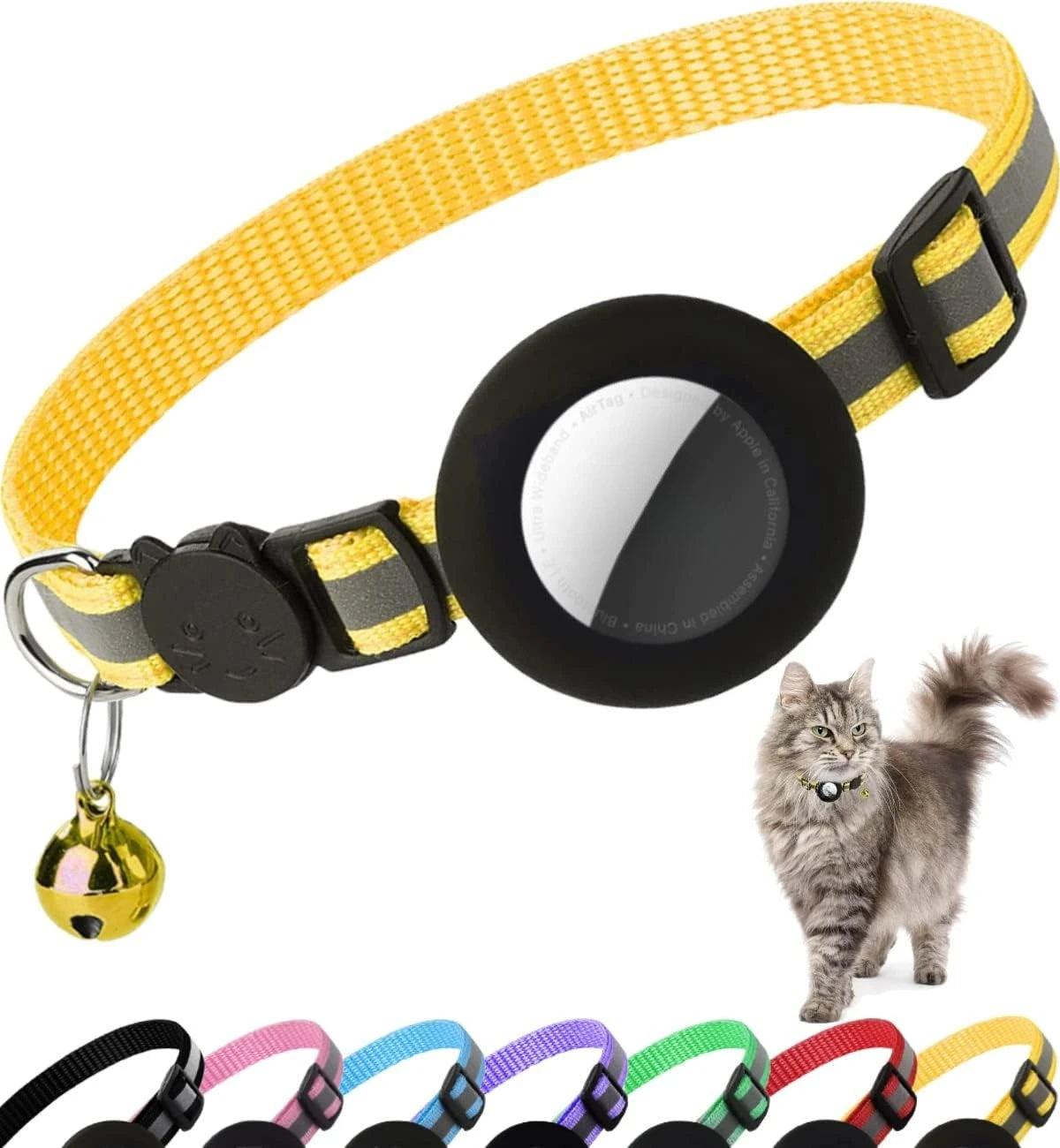 reflective cat collar with bell - breakaway airtag holder for cats