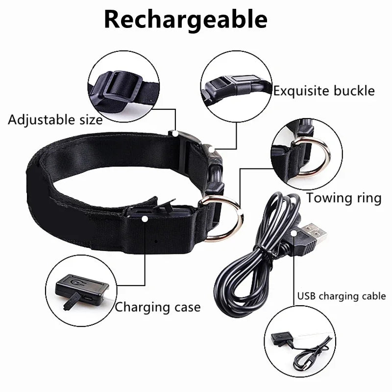 3 modes rechargeable led dog collar - adjustable night safety glow collar