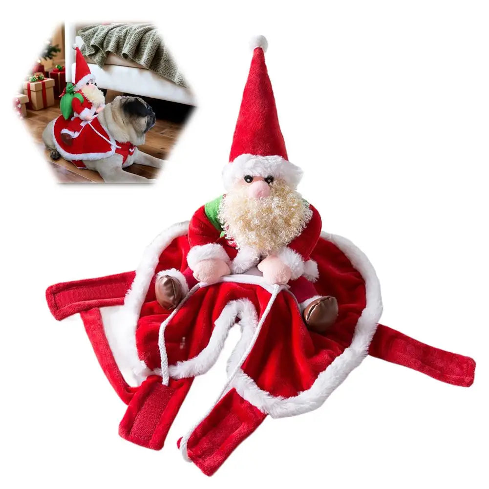 funny santa claus riding dog christmas costume for dogs & cats, red