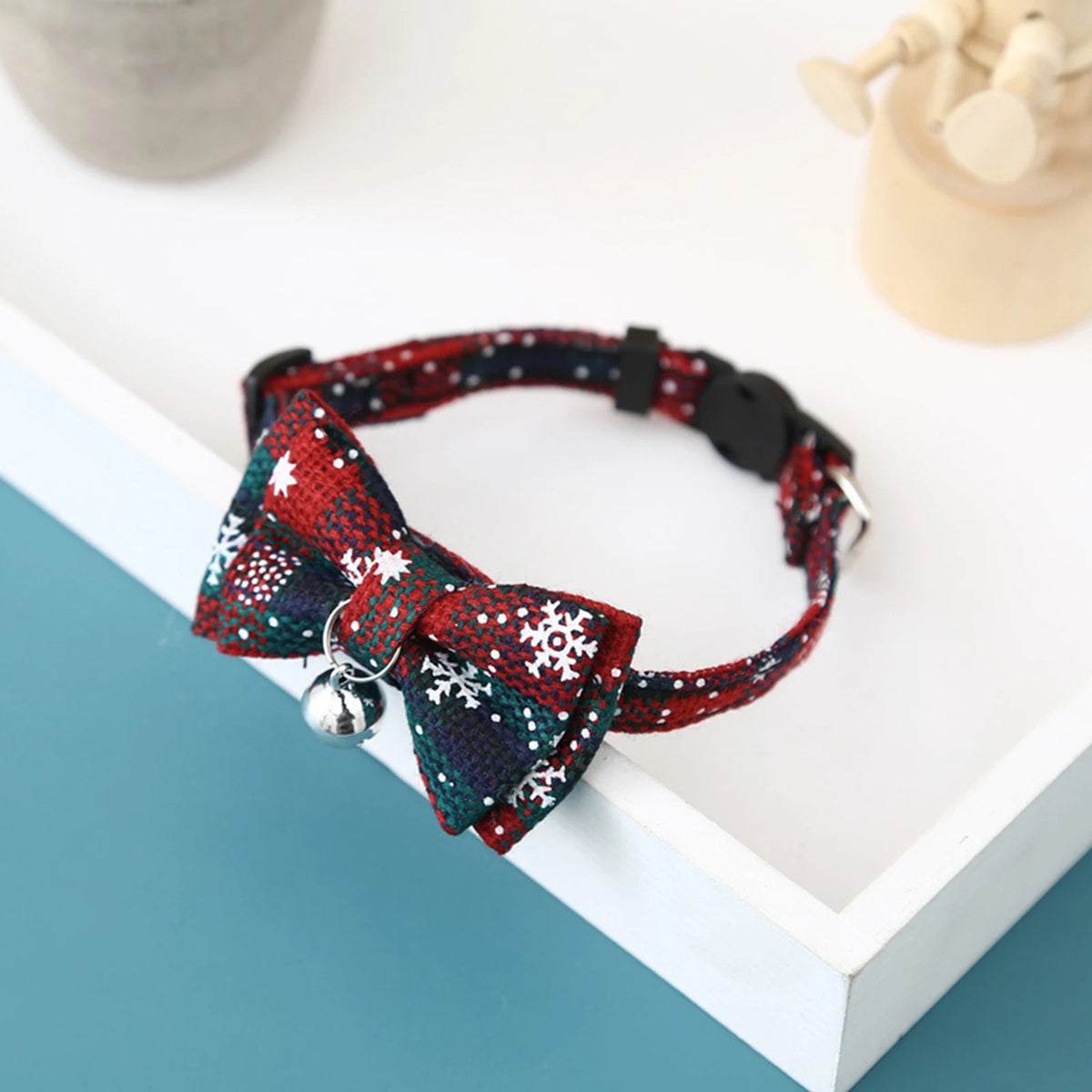 christmas breakaway cat collar with bow tie and bell adjustable plaid
