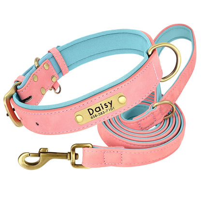 Padded Leather Dog Collar and Leash Set with Custom Nameplate Tag
