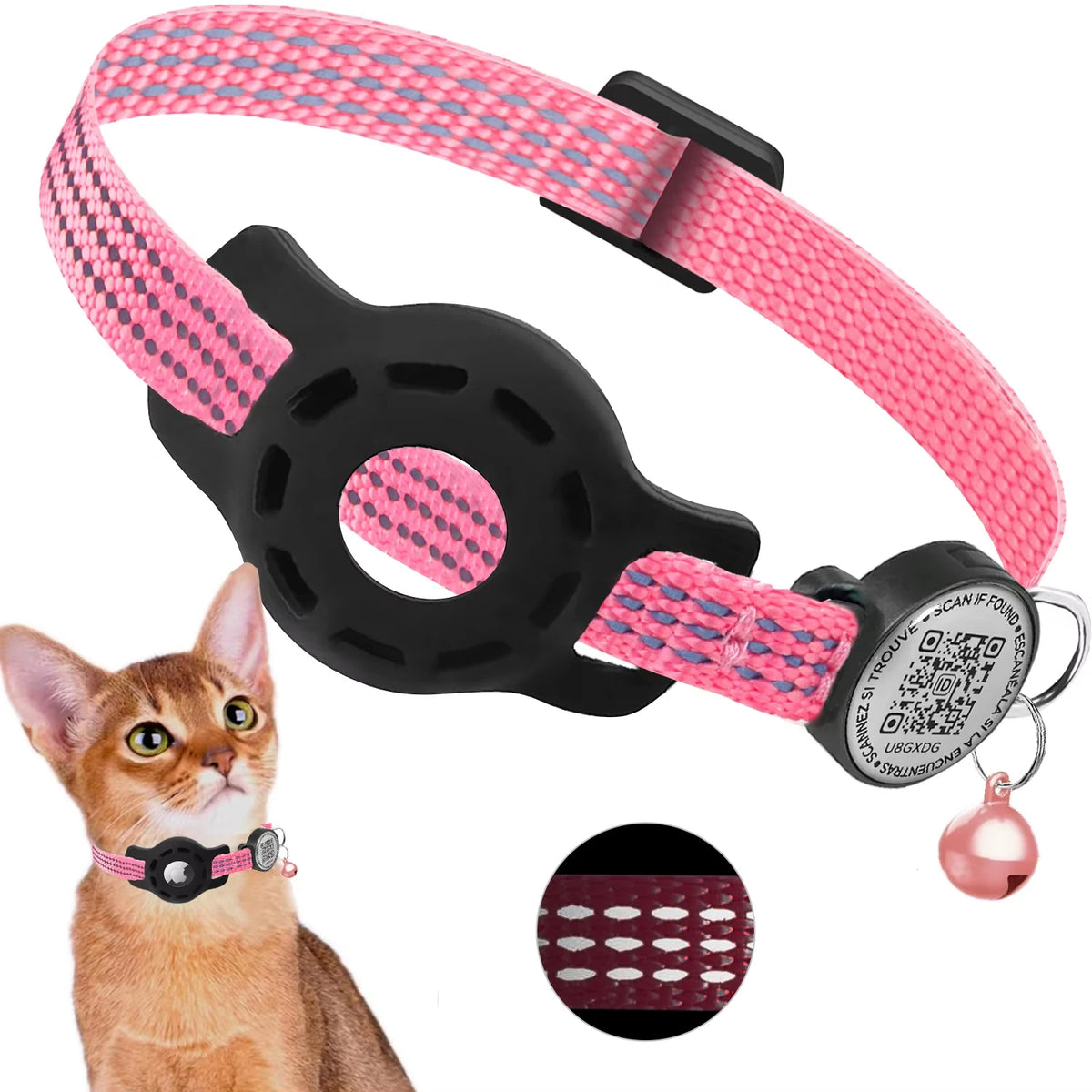 breakaway reflective cat collar with qr code tag and airtag holder