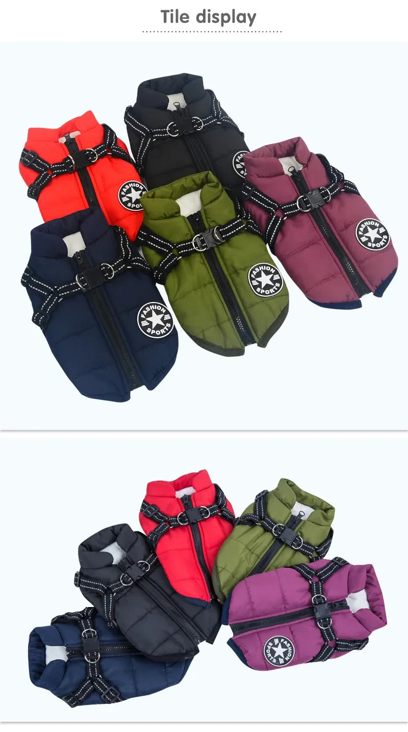 winter dog jacket with built-in harness – warm splash-proof coat