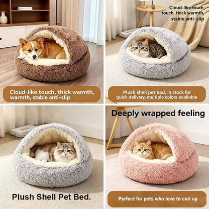 Cozy Shell-Shaped Plush Cat Bed, Warm Semi-Enclosed Nest for puppies