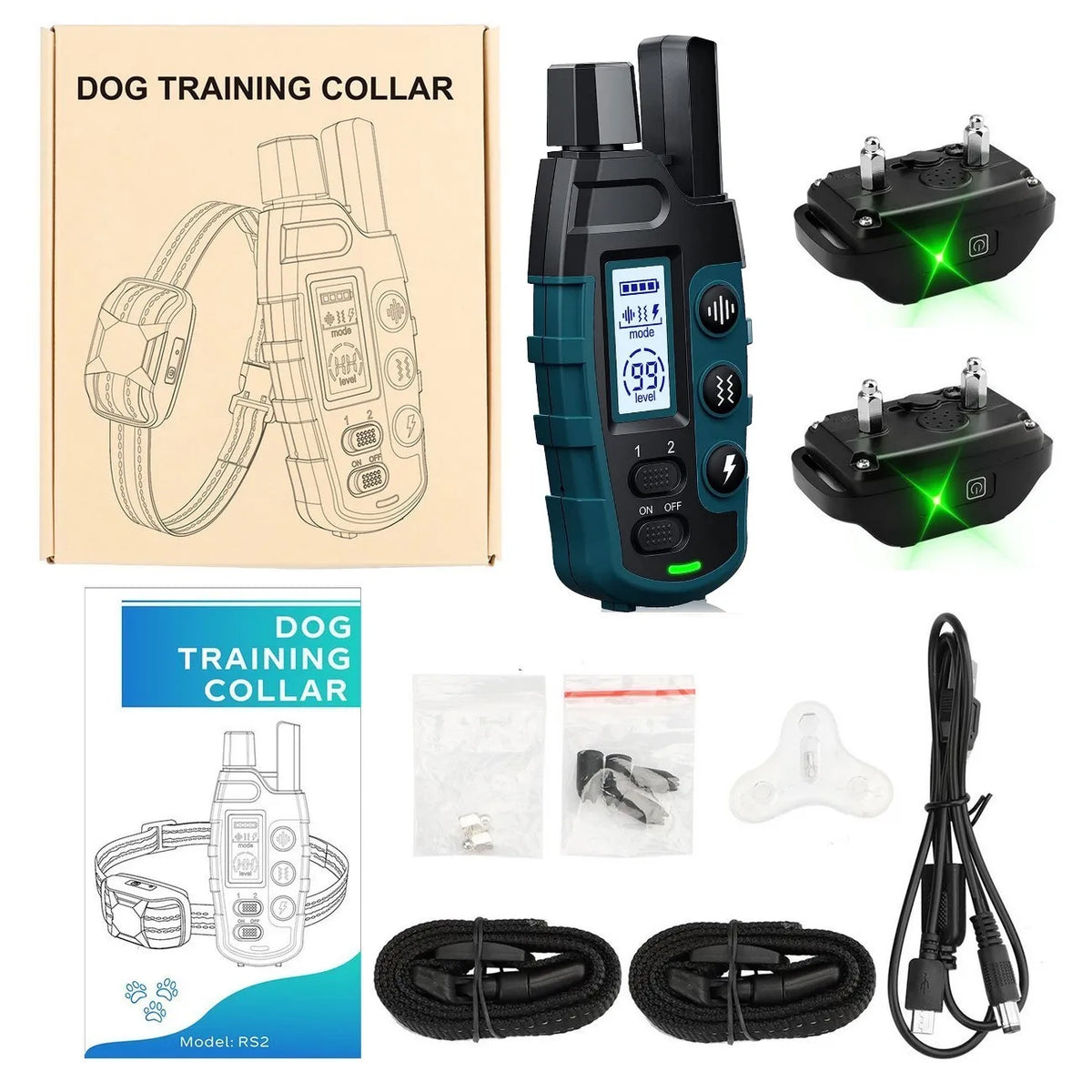 1000m emote dog training collar - ip67 waterproof, rechargeable, for 2 dogs