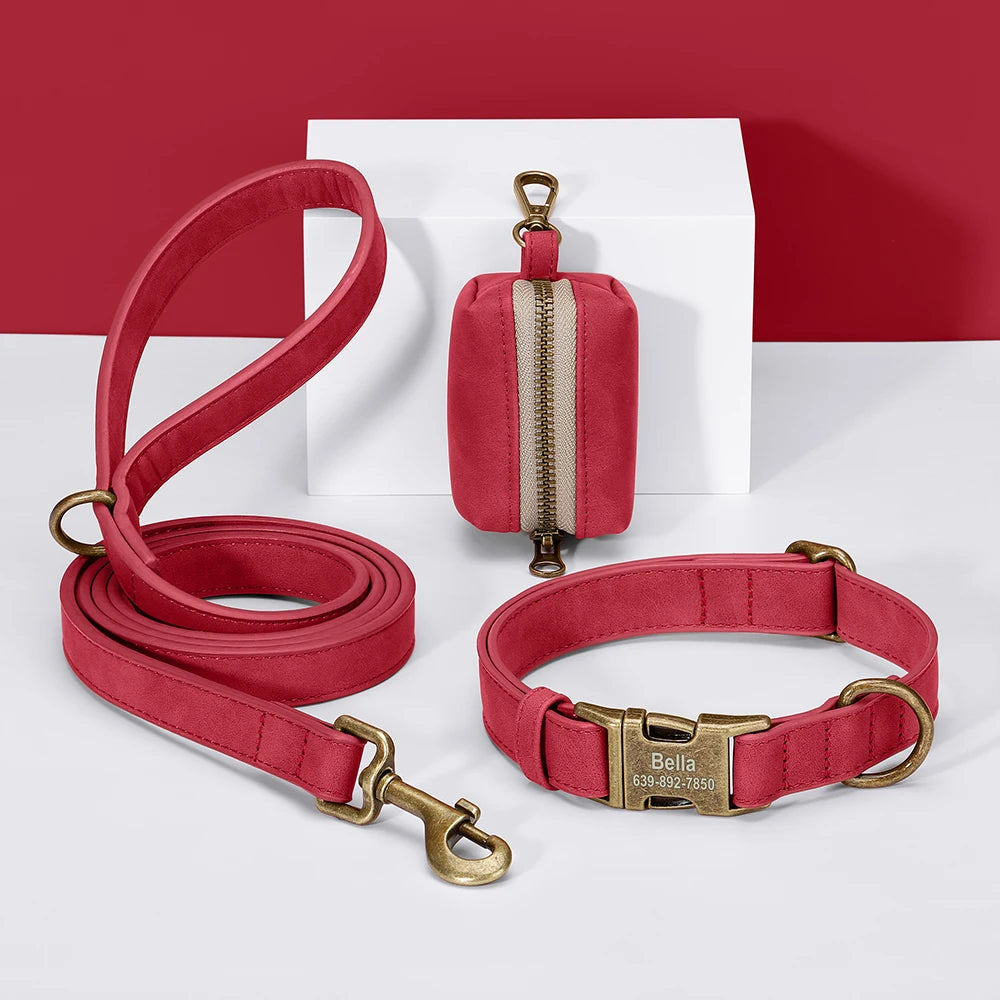 personalized vintage pu leather dog collar & leash set with poop bag