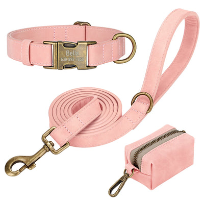 Personalized Vintage PU Leather Dog Collar & Leash Set with Poop Bag