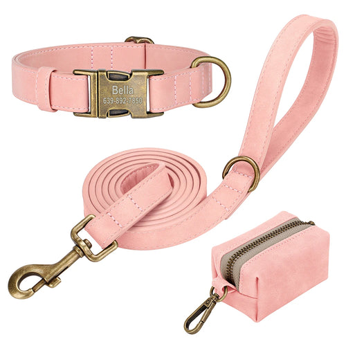 Personalized Vintage PU Leather Dog Collar & Leash Set with Poop Bag
