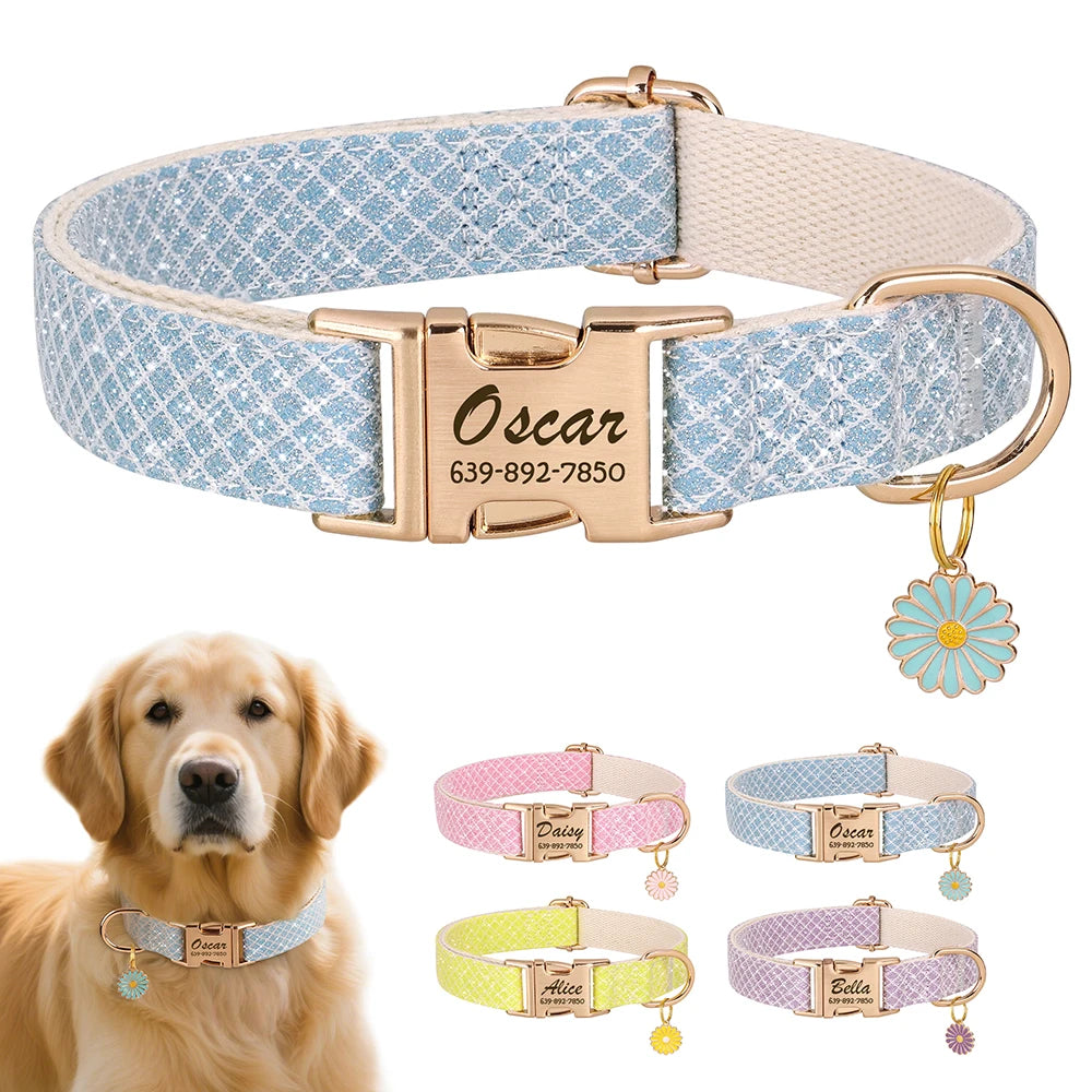 personalized bling dog collar - free engraved id tag & flower charm