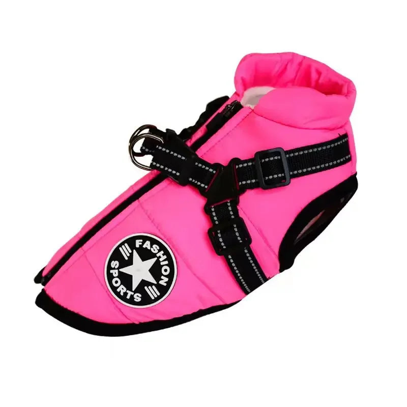 winter dog jacket with built-in harness – warm splash-proof coat