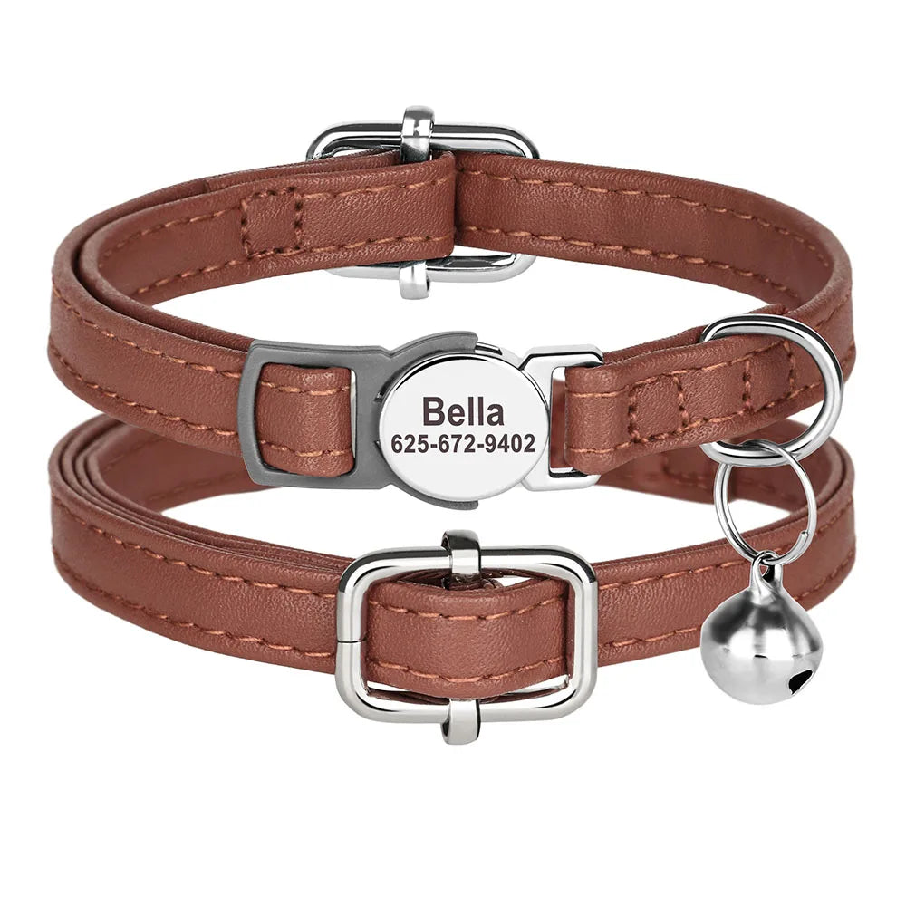 personalized pu leather cat collar with quick-release buckle, engraved