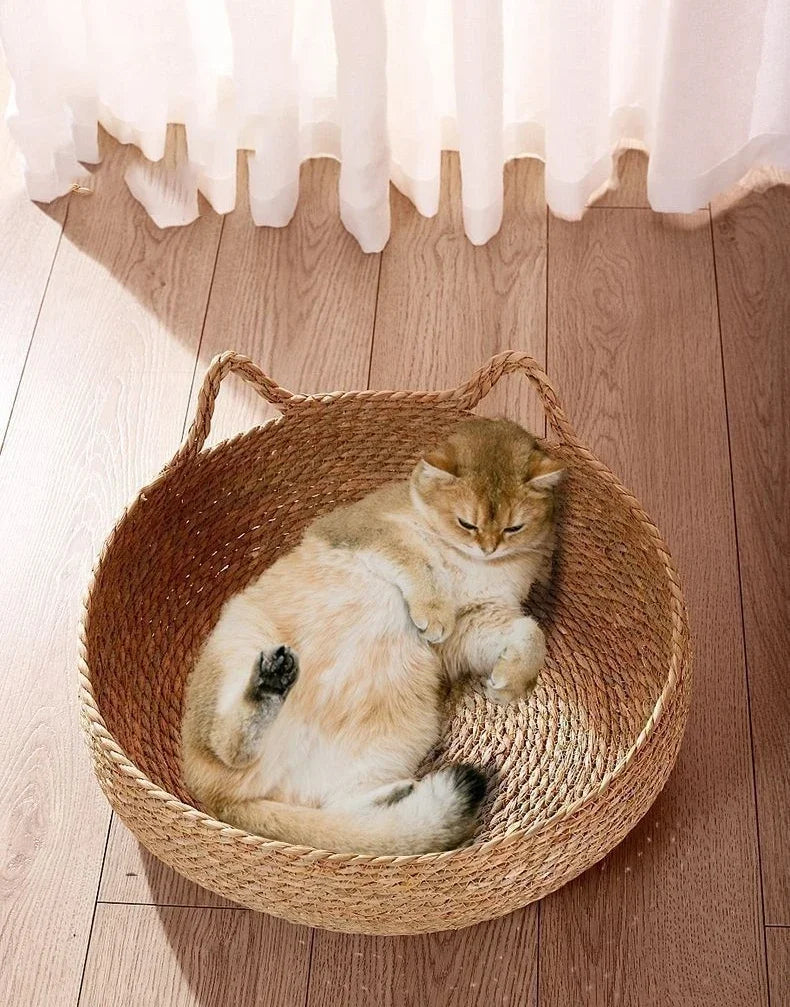 four seasons woven cat bed – breathable rattan cat nest