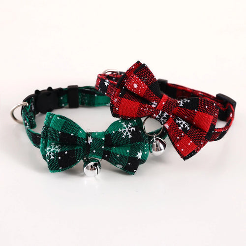 Christmas Breakaway Cat Collar with Bow Tie and Bell Adjustable Plaid