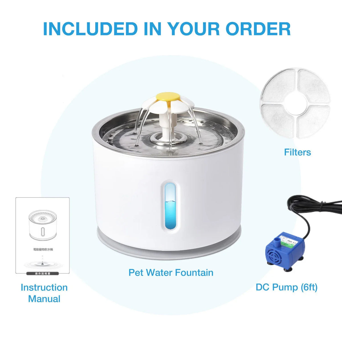2.4l stainless steel cat water fountain with usb power and night light