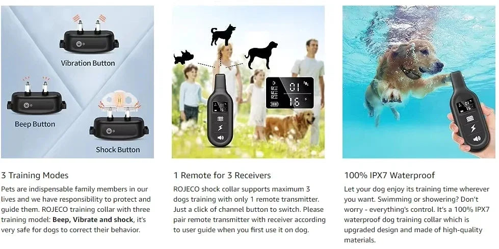 ipx7 waterproof rechargeable dog training collar for 1-3 dogs, 3300ft range