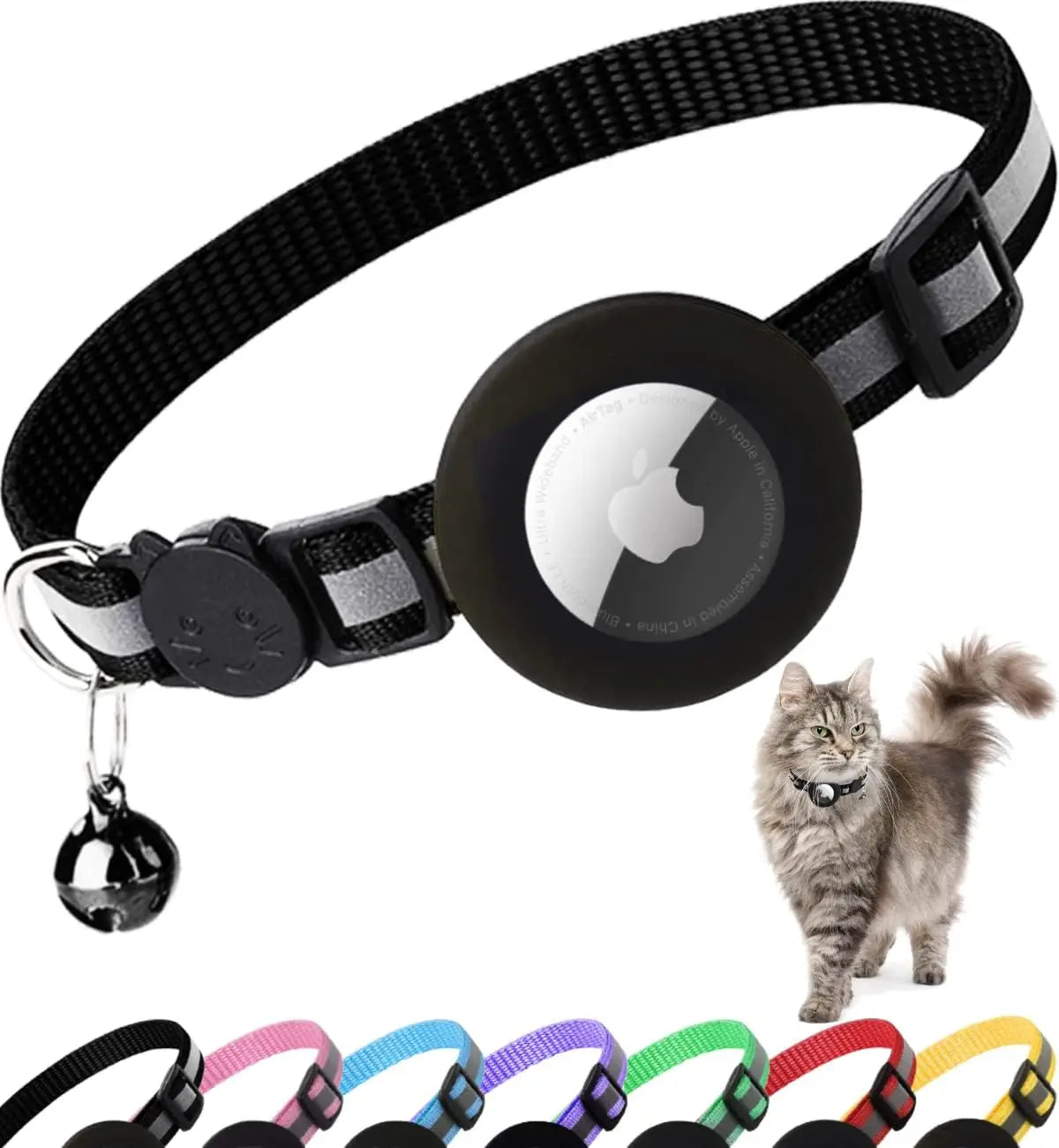 reflective cat collar with bell - breakaway airtag holder for cats